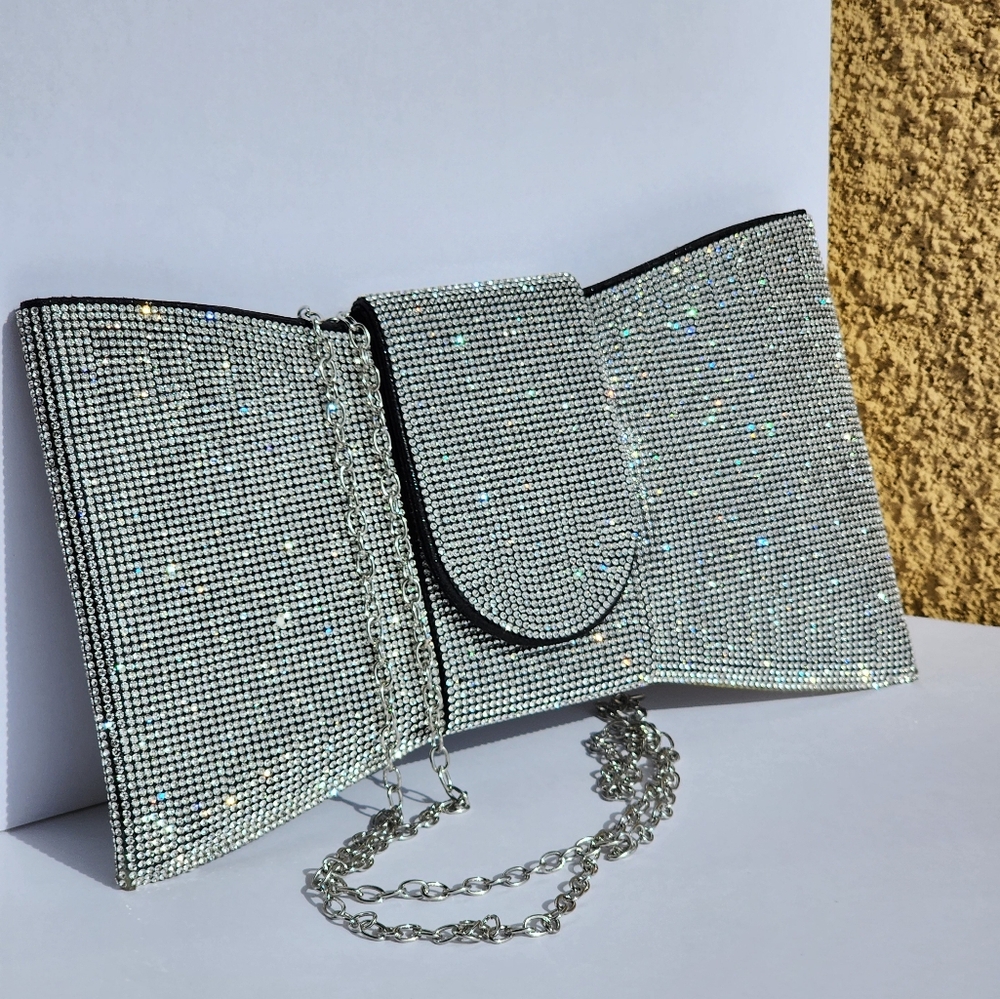 Women's Stylish Silver Rhinestone Bowtie Shape Clutch Crossbody Handbag … - Picture 8 of 10